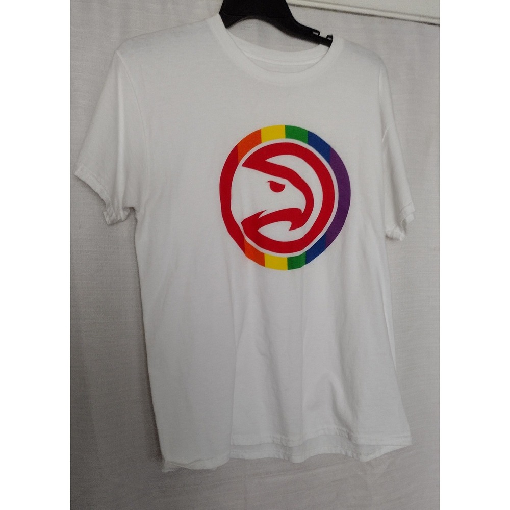 Atlanta Hawks Pride Rainbow Logo S-L White T-Shirt, NBA Fan Apparel, Size Large